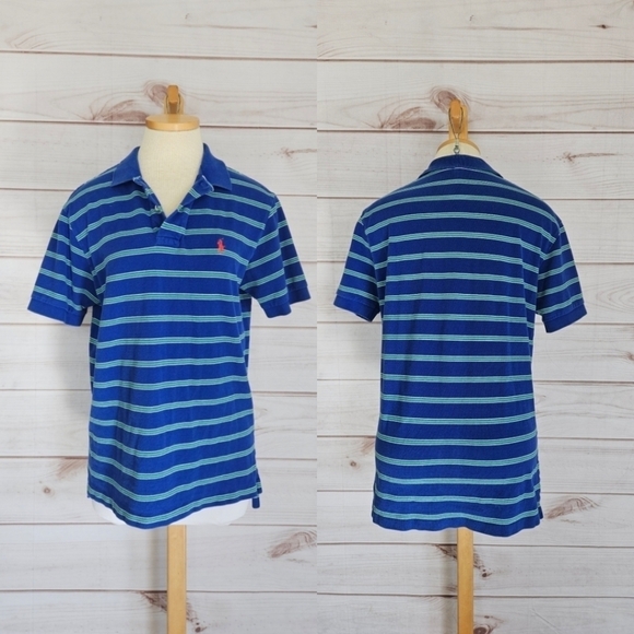 Vintage Polo Ralph Lauren Quarter Button Golf Polo in Blue and Green Stripe Sz M - Picture 1 of 9